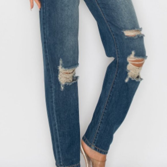 Sneak Peak Distressed Dark Denim High Waist Jeans - Picture 3 of 7